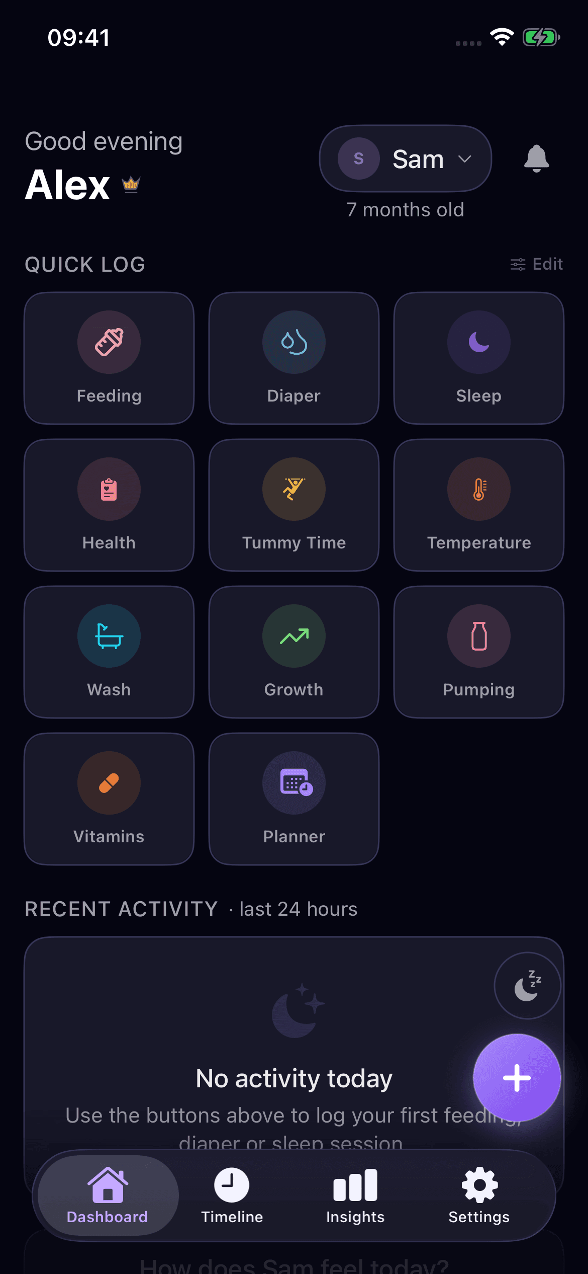 BabyNoel dashboard in dark mode