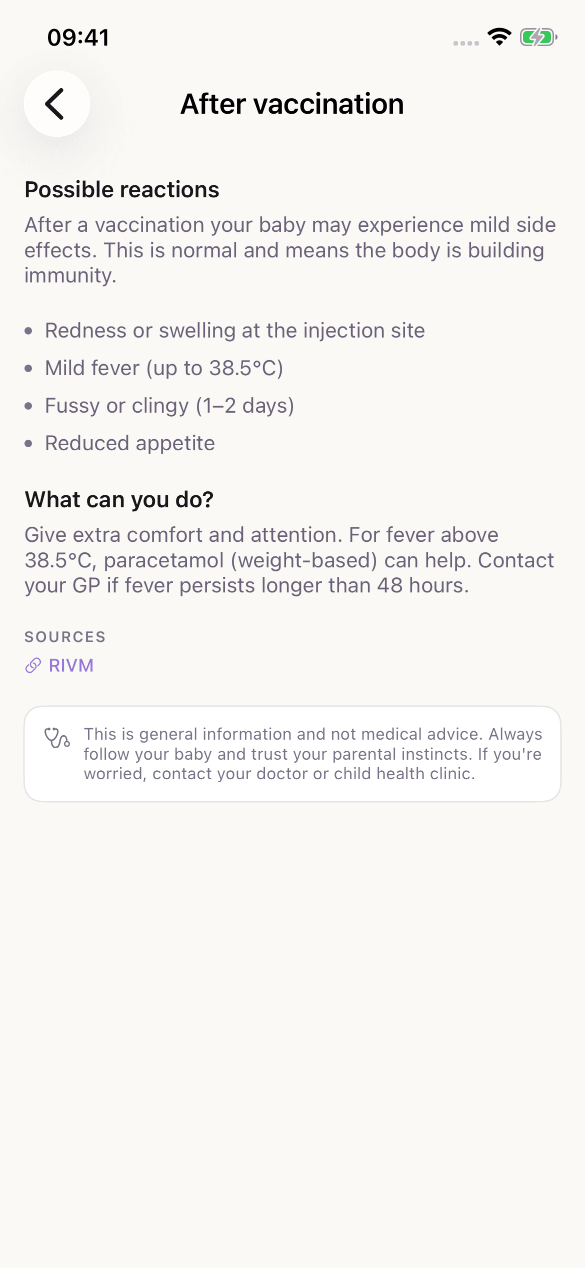 BabyNoel vaccination aftercare information
