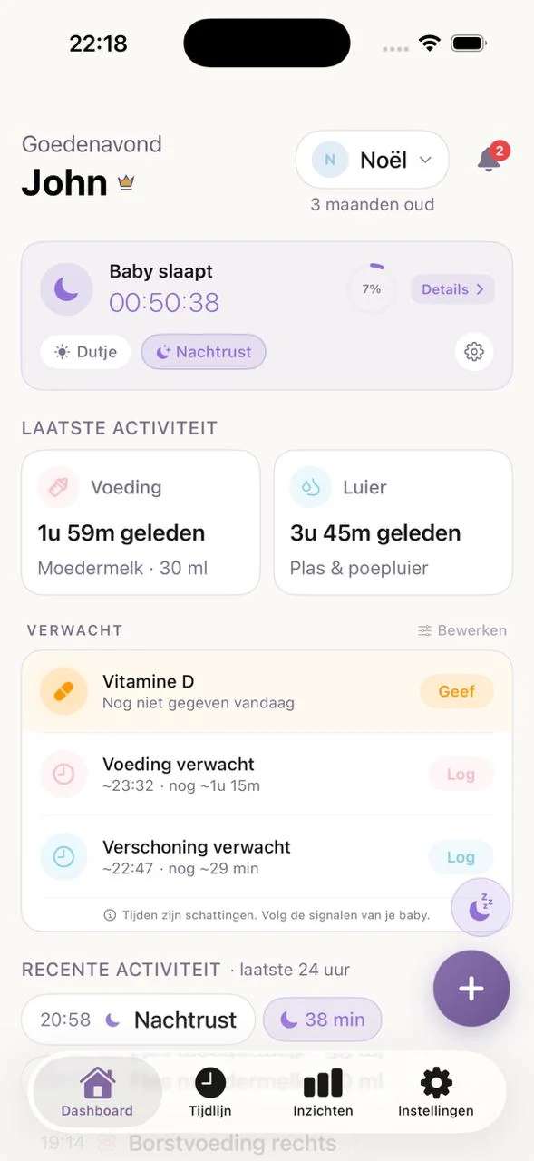 BabyNoel dashboard with daily overview